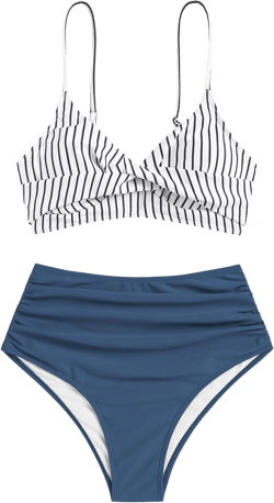 ZAFUL Women High Waisted Bikini Sets Two Piece Swimsuit Push Up Twist Front Ruched Bathing Suit Small Blue Striped