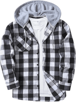 Mens Flannel Hoodie Shirt Long Sleeve Quilted Lined Plaid Coat Lightweight Casual Jacket Button with Flip Pocket X-Large Black