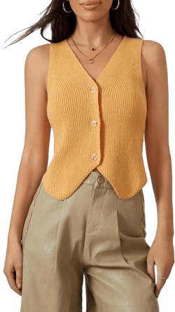 Women Y2K Knitted Vest Crop Top Sleeveless V Neck Button Down Vest Sweater Going Out Tank Tops Streetwear Yellow Small