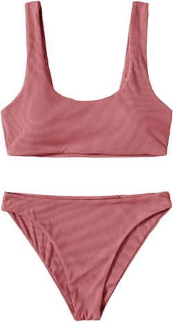 SweatyRocks Women's Bathing Suits Solid Scoop Neck Ribbed Bikini High Waisted Swimsuits Dusty Pink X-Small