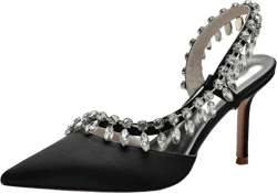 Women's Pointed Toe Crystal High Heels Satin Slingback Wedding Shoes Evening Party Comfort Flats Sandals for Bride 6 Black
