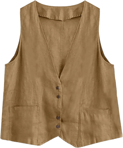 COTECRAM Cotton Linen Vest for Women 2023 Casual Sleeveless Button Down Jacket Lightweight Summer Loose Vests Outerwear XX-Large A Khaki