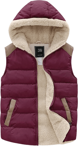 ZSHOW Women's Outerwear Vest Casual Thicken Qulited Winter Puffer Vest Hooded Warm Fleece Jacket X-Large Wine Red