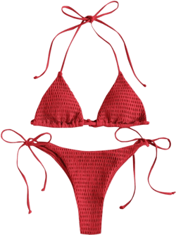 ZAFUL Women's Smocked Triangle Bikini Set Halter String Textured Swimwear Cheeky Thong Two Piece Swimsuits