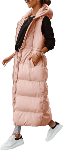Shanfetl Women's Long Quilted Vest Hooded Maxi Length Sleeveless Puffer Vest Padded Coat Winter Outerwear Small Pink