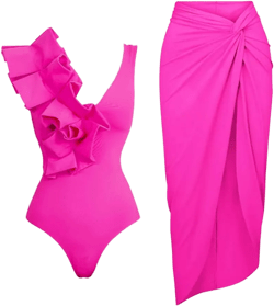 IBAKOM Three Pieces Swimsuits for Women with Matching Wrap Skirt Swim Top Tummy Control Bikin Bottom Mesh Sheer Cover Ups Hot Pink Ruffle (2pcs) Small