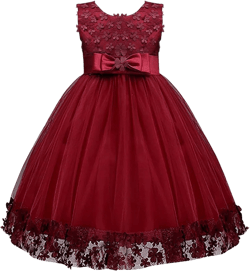 Big Little Girls Long Lace Flower Tulle Prom Dresses for Kids Wedding Bridesmaid Pageant Party Formal Maxi Ball Gown 9-10 Years Wine Red - Short