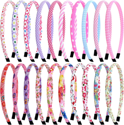 Lawie 20 Pieces Candy Colors Floral Printed Elastic Plastic Headbands for Girls Thin Cloth Covered Hair Bands for Kids Pink Fabric Lined Hairbands Birthday Party Headwears for Little Girls