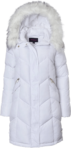 Sportoli Women Quilted Long Winter Coat Fur Trim Plush Lined Hood Puffer Jackets Large White