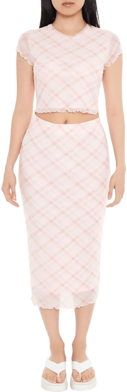 Plaid Mesh Midi Skirt