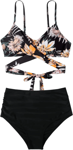 SUUKSESS Women Wrap Bikini Set Push Up High Waisted 2 Piece Swimsuits 4-6 87 Retro Floral Black
