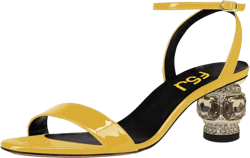 FSJ Women Gorgeous Crystal Low Block Heel Open Toe Ankle Strap Sandals Comfort Wedding Office Party Dress Shoes Size 4-15 US 9 Yellow