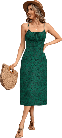 R.Vivimos Womens Summer Adjustable Spaghetti Strap Sundress Boho Floral Print Elastic Smocked Back Slim Fit Casual Midi Dress X-Small Darkgreen