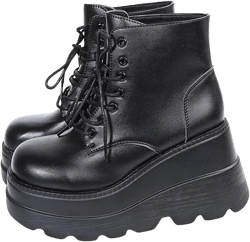 GUNIYIFS Womens Platform Boots Goth Combat Boots Punk Leather Gothic Boots for Women Mid Calf Ankle Booties Chunky Shoes 8 D-black