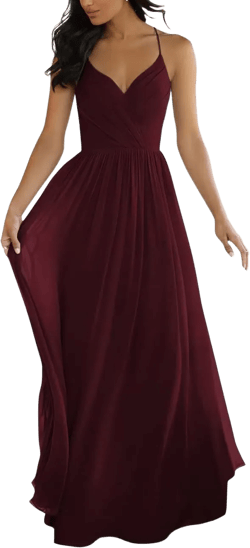 Zeeyecie Women's V-Neck Bridesmaid Dresses Long Chiffon Spaghetti Straps Ruched A-line Formal Evening Dress Burgundy 16
