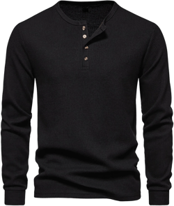 Fall Tops for Men 2024 Waffle Knit Shirts Button Down Crewneck T-shirt Long Sleeve Solid Tee Lightweight Comfy Blouse Black Large