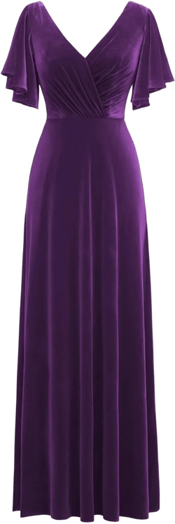 Flutter Sleeve Velvet Bridesmaids Dresses V Neck Women Wedding Long Bridesmaid Dresses for Fall 4 Purple