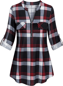 Tanst Sky Womens Casual Long Sleeve Zipped V Neck Plaid Tunic Blouses XX-Large A-red Plaid