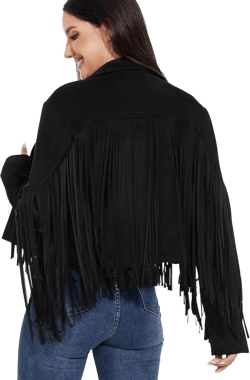Fahsyee Women's Fringe Leather Jackets - Suede Faux Motocycle Biker Cropped Coat Vegan Blazer Pleather Fashion Tassel S-XXL Medium Black