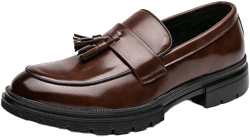 Men's Loafers, Thick-soled, British Style, Autumn & Casual, Shiny Pu Leather, Tassel, Breathable Business Shoes In Brown