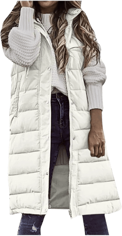 SACFOF Women's Long Puffer Vest Jacket Hoodies Full Zipper Sleeveless Down Coats Thickened Warm Down Windbreakers 3X-Large White