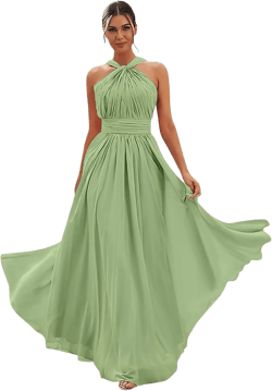 Fu Jiang Women's Halter Bridesmaid Dresses Long Chiffon Pleated Evening Formal Gown with Pockets 16 Plus Sage Green