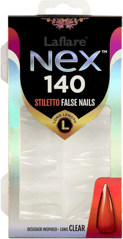 Laflare NEX 140 Acrylic Nail Tip - Full Cover Artificial False Nail for Nail Salons and DIY Nail Art with Case, 12 Sizes, 140Pcs (Long, Stiletto, Clear)