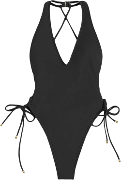 OYOANGLE Women's Criss Cross Backless V Neck Tie Side High Cut Thong One Piece Swimsuit Small Black