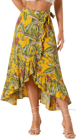 INSPIRE CHIC Women's Tropical Floral Print Ruffle Self-Tie Knot Split Beach Wrap Midi Skirt Small Yellow