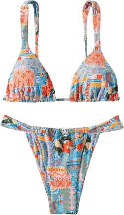 MakeMeChic Women's Triangle Thong Bikini Sets High Cut Swimsuit Bathing Suit Swimwear Small Tropical Plant Printed