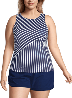Lands' End Women's Plus Size DDD-Cup High Neck UPF 50 Modest Tankini Swimsuit Top - 22w - Deep Sea Mixed Diagonal Stripe