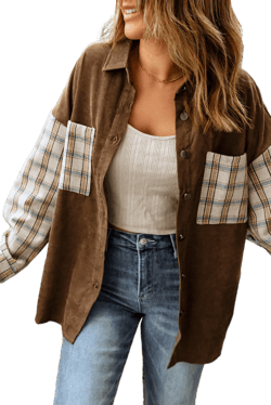 Plaid Patchwork Corduroy Shirt Jacket with Pocket