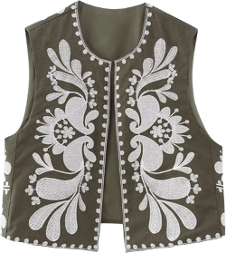 Women Vintage Embroidered Vest Y2k Sleeveless Open Front Linen Top Floral Crochet Flower Cardigan Fashion Vest Top