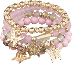 4Pcs Set Bohemian Butterfly Crystal Stone Stretch Pendant Bracelets for Women Gold Beaded Stackable Stretch Bracelet Colorful Charm Jewelry Boho Summer Beach pink