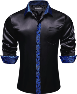 Barry.Wang Mens Satin Silk Shirts Long Sleeve Designer Dress Shirt Shiny Untucked Casual Button Down Shirt Party Disco Formal Small B Black Royal Blue Satin