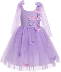 Flower Girl Floal Lace Tulle Dress Princess Backless Wedding Junior Bridesmaid Pageant Communion Dance Maxi Gown Purple Butterfly 5-6 Years