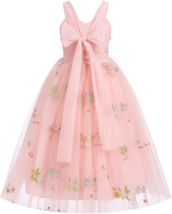 ODASDO Flower Girl Dresses Back Bowknot Floral Embroidery Wedding Bridesmaid Birthday Party Formal Tulle Maxi Long Dress 5-6 Years Pink