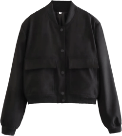 Women's Cropped Bomber Jacket Long Sleeve Lightweight Casual Button Down Baseball Varsity Jacket with Pockets Medium Black