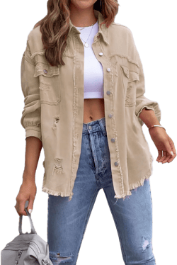 Jean Jacket for Women fashion Denim Ripped Distressed Jacker for Womens Coat Long Sleeve Small Khaki