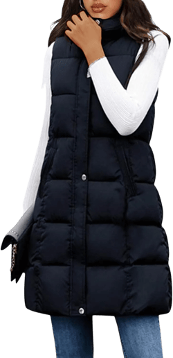 SCUSTY Womens Long Puffer Vest Sleeveless Coats Quilted Vests Outerwear Jackets with Hood Medium Black