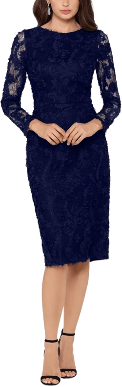 Xscape Women's Long Sleeve Raised Floral Lace Midi Length Dress (Reg and Petite)