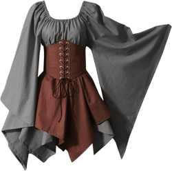 Kingspinner Medieval Renaissance Gown Dress for Women Halloween Cosplay Gothic Trumpet Sleeve Irish Shirt Dress with Corset A001 Grey Large