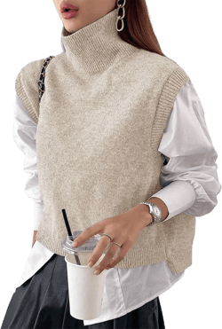 Women High Neck Sleeveless Knit Crop Sweater Vest Casual Loose Fit High Low Hem Turtleneck Knitted Pullover Vest Large Apricot