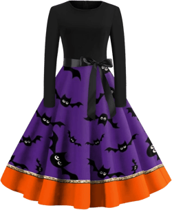 Halloween Dresses for Women Long Sleeve Cocktail Swing Dress Skeleton Pumpkin Printed Cosplay Party Costume 05-purple Small