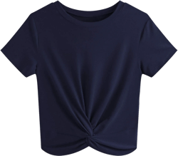 JINKESI Women's Summer Causal Short Sleeve Blouse Round Neck Crop Tops Twist Front Tee T-Shirt A5 Navy Blue Medium