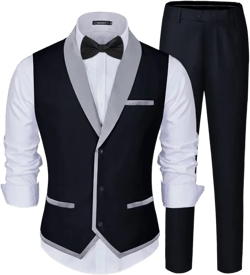 MAGE MALE Men's 2 Piece Suit Slim Fit Formal Business Vest Suit for Men Fashion Casual Wedding Waistcoat Pants Set X-Large Black