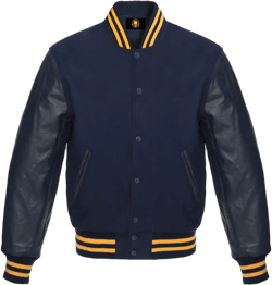 30 Colors Option Varsity Bomber Baseball Letterman Jackets Genuine Leather Sleeves Wool Body 3X-Large Solid Navy Gold Strip
