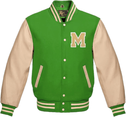 Varsity Jacket Baseball Letterman Jacket Wool Multi and Cream Leather & Basketball With M Patch 5X-Large Kelly Green