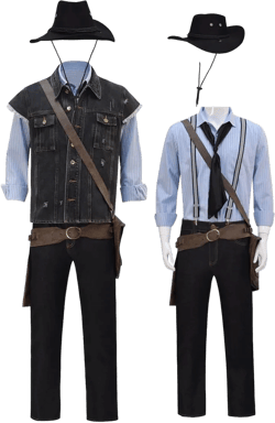 Arthur Morgan Costume Denim Suit Mens Halloween Cosplay Outfit Cowboy Hat Vest Shirt Pants with Holster Bag X-Small Blue Full Set