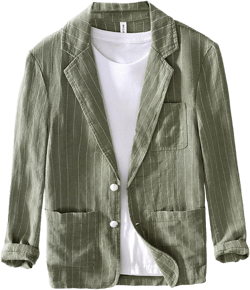 GIBZ Men's Stripe Casual Linen Blazer Jacket Lightweight 2 Button Sport Coat Lapel Suit with Pockets for Summer Spring Small Green